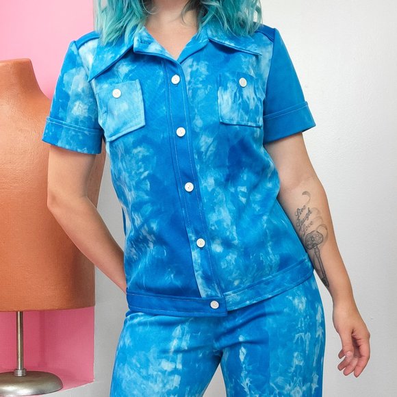 Vintage 70s Blue Tie Dye Polyester Pant Suit - Picture 4 of 11